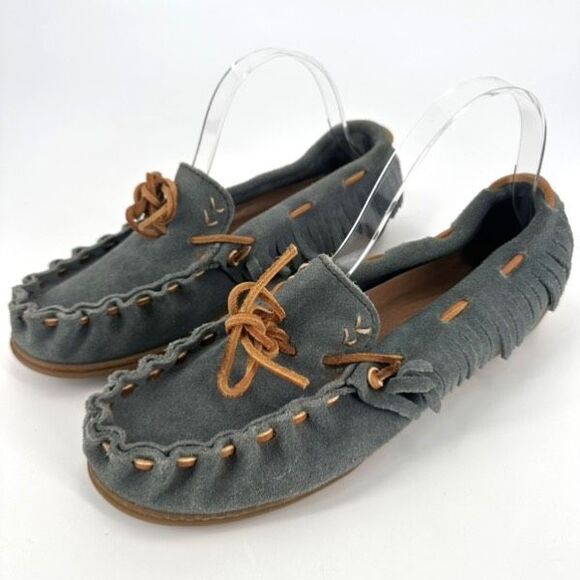 Minnetonka Southwestern Fringe Size 8.5 Suede Moccasins Loafers Boho Hard Sole - Picture 1 of 9